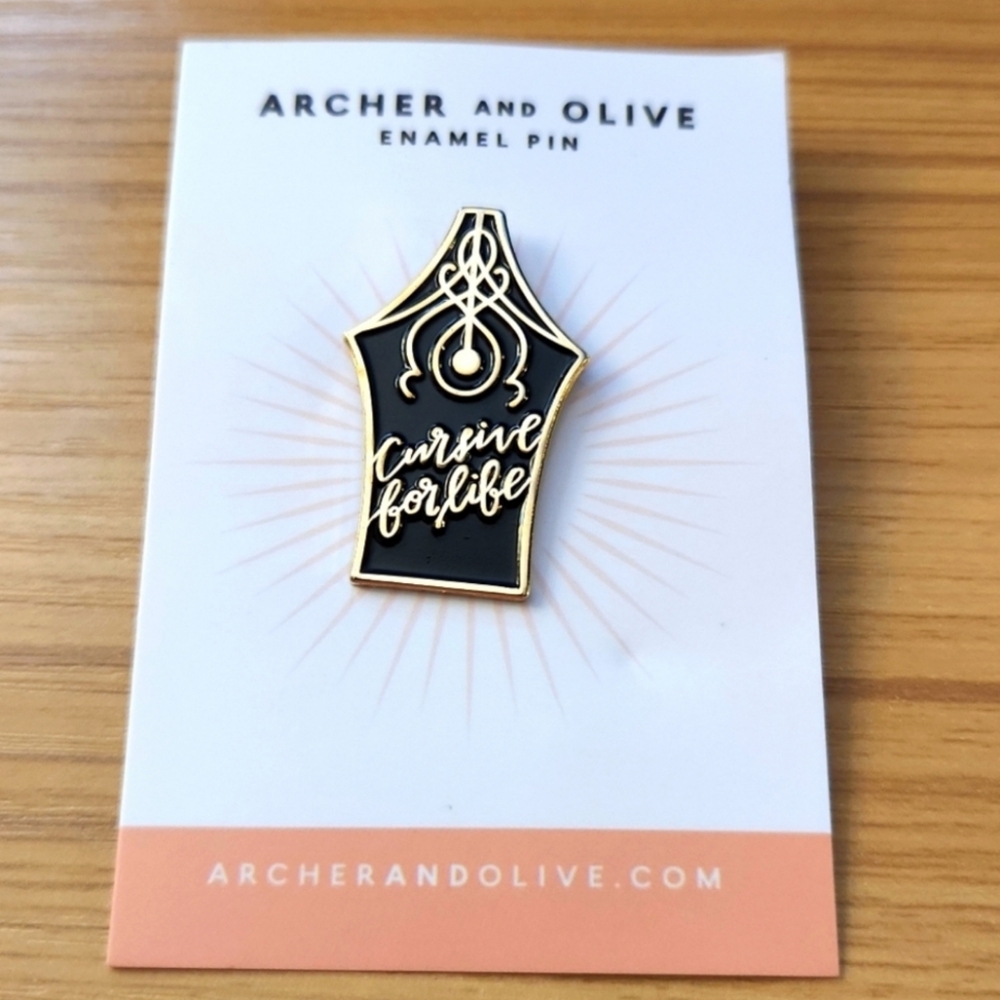 NWT Archer and Olive Enamel Lapel Pin 'Cursive for life'